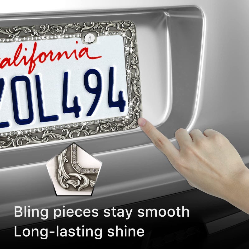 Valor Gel Metal Car License Plate Frames,Antique Old Pattern Printing, Bling Crystal Rhinestones Inlaid,Universal 2 Holes Automotive Replacement Parts Plate Holder(1 Pack) - Image 4